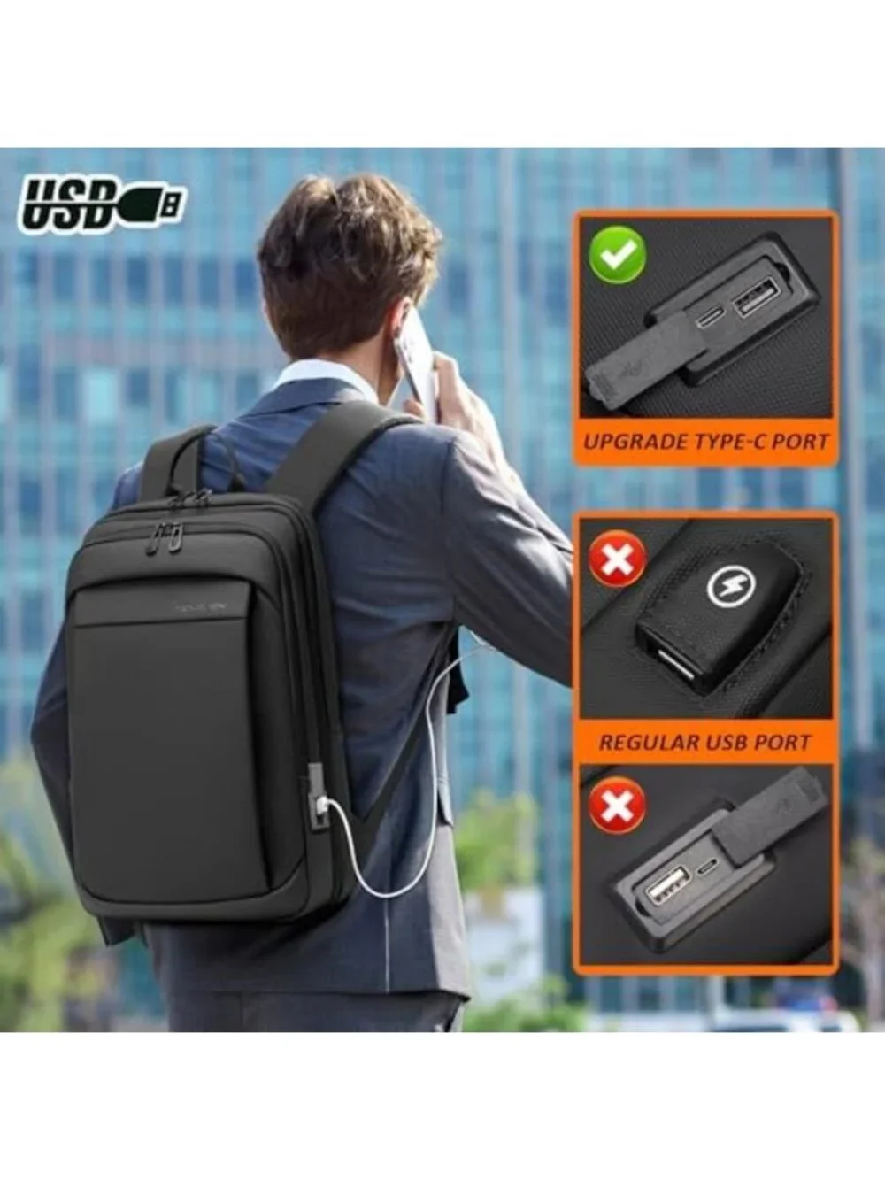 Expandable 17.3 Inch Men's Backpack for Work, Travel, School - Black